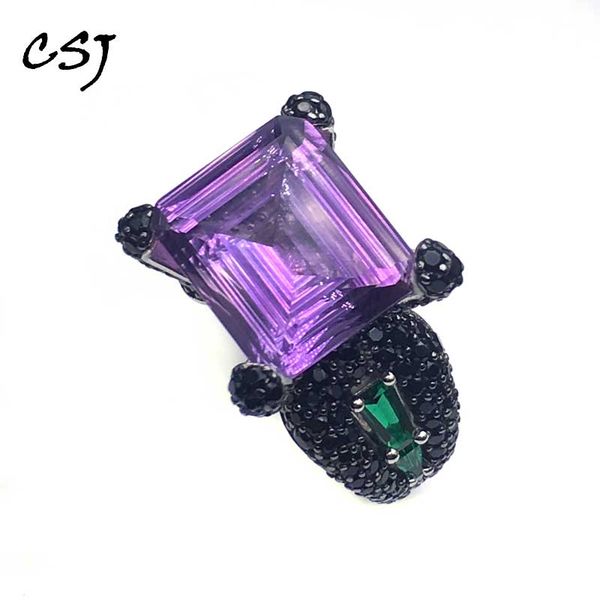 

csj natural amethyst ring sterling 925 silver birdnest cut gemstone supper fine jewelry for women and man party gift box, Golden;silver