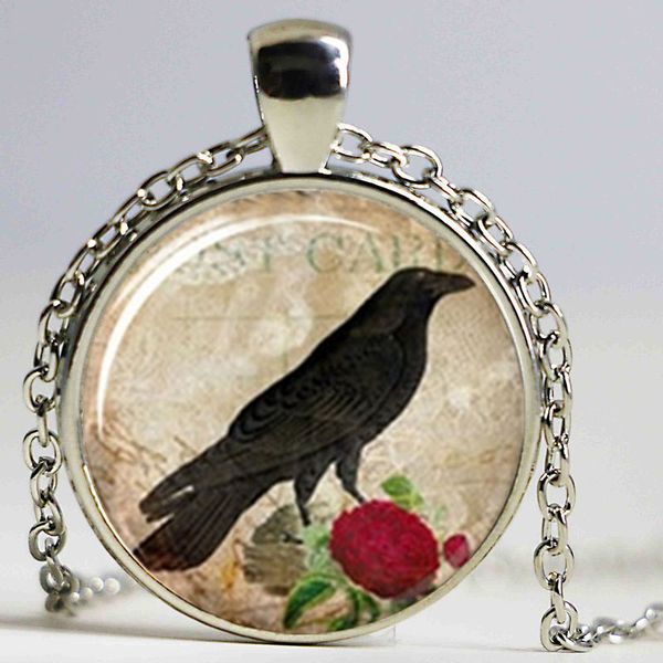 

raven and rose pendant raven jewelry bird jewelry glass p cabochon necklace fine, Silver