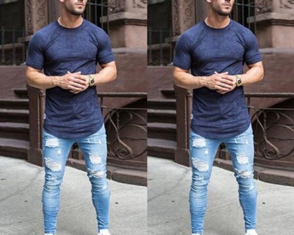 

fashion mens stretchy ripped skinny biker jeans destroyed taped slim fit denim pant vintage hole pencil trousers, Blue