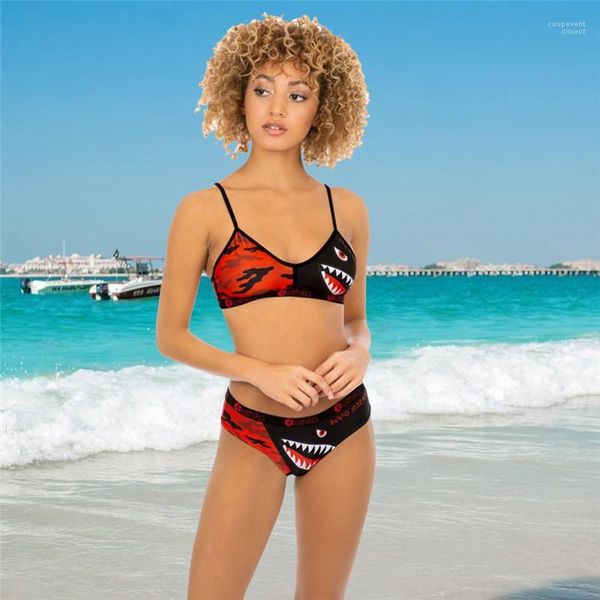 

summer mid waist ladies 2pcs bikinis fashion womens bathing suits ethika shark print womens tankinis, White;black
