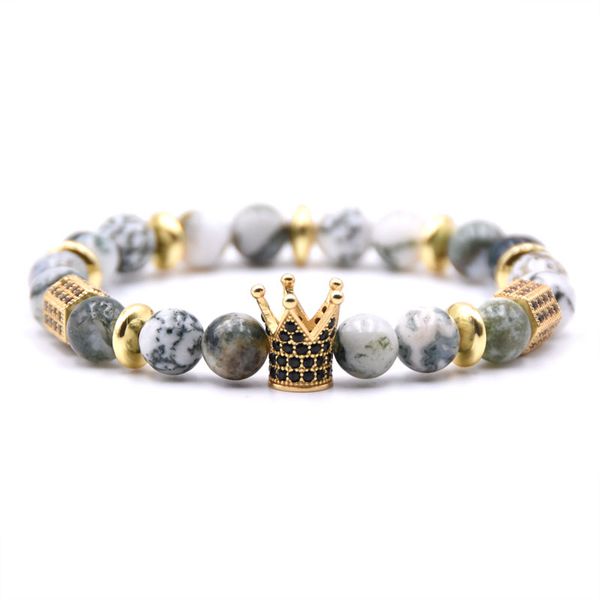 

2020 new cz zirconia king crown gear spacer charms bracelets natural stone 8mm beads bracelet men jewelry pulseira, Black