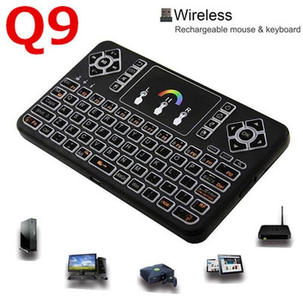 

q9s mini colorful backlit wireless keyboard with touchpad support rgb q9 air mouse remote control for android tv box/tablet