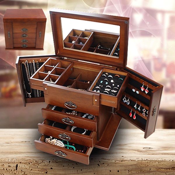 

большой многослойная ретро деревянные jewelry box роскошные ювелирные изделия дисплея лоток держатель ларец серьги кольцо box зеркало ювелир, Black;white