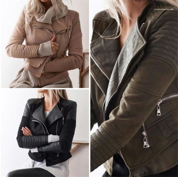 

solid color zipper lapel neck jacket slim short women jacket autumn women designer jacket fashion casual, Black;brown