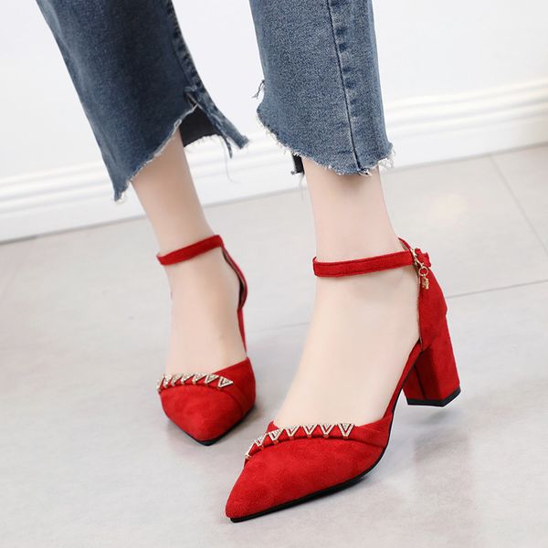 

new style buckle strap high-heeled sandals women's thick heeled rhinestone women's shoes suede temperament pointed toe shoes, Black