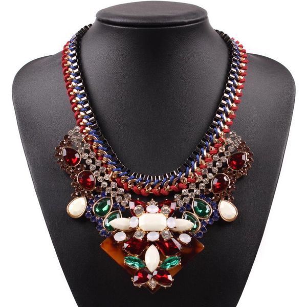 

new fashion model colorful resin crystal big chunky pendant brand black chain string braided statement necklace for women, Silver