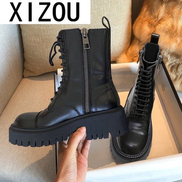 

2020 fashion shoes woman genuine leather lace-up thick mid-calf boots round toe shoes winter female buckle fashion warm boots, Black