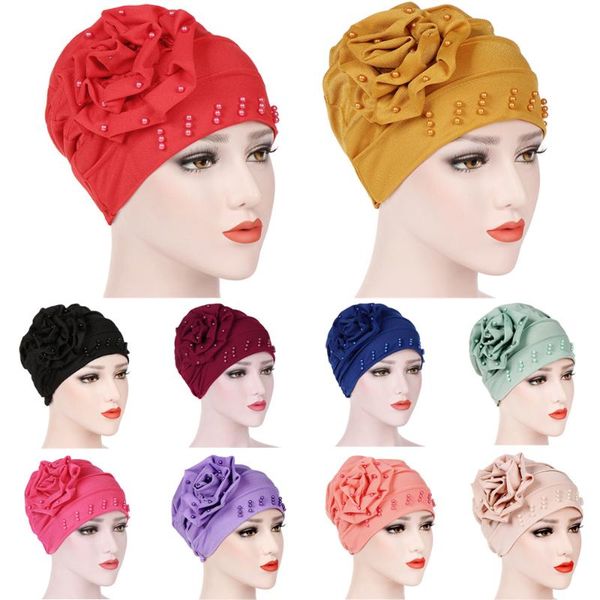 

women solid color flower & beads turban hat slouchy baggy cap hair head wrap cap hatqd0016, Blue;gray