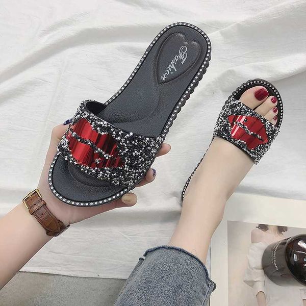 

женщина красные губы тапочки женщины bling flats дамы кристалл женская мода женская пляжная обувь женская обувь плюс размер 41, Black