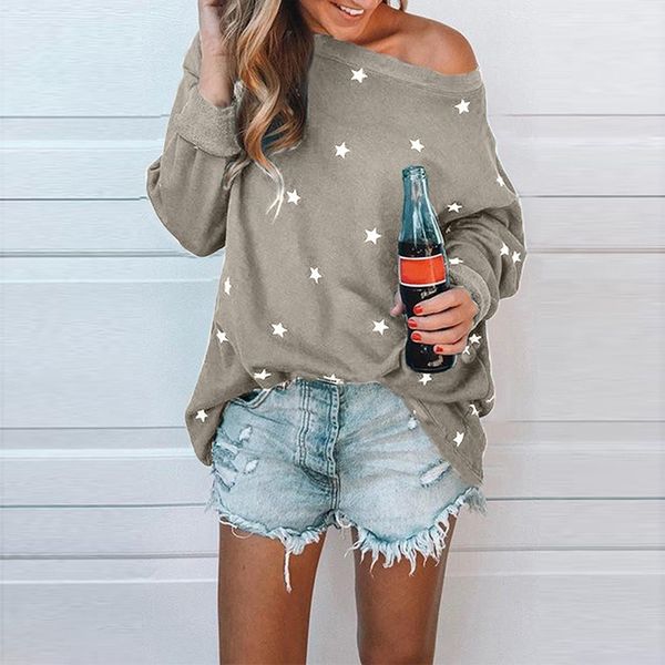 

t shirt women long sleeve shirt women round neck long sleeve star print side split pullover t-shirt plus print sweatshirts, Black;blue
