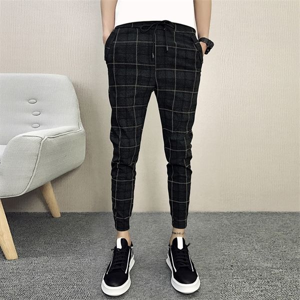 

2020 new style fashion male elastic waistline leisure joggers sweatpants/men high-grade pure cotton tight grid pencil pants, Black