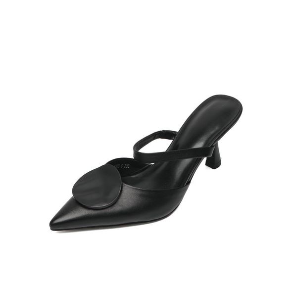 

women classic design pointes toe high heeled party dress spring summer shoes woman cow leather slipper, Black
