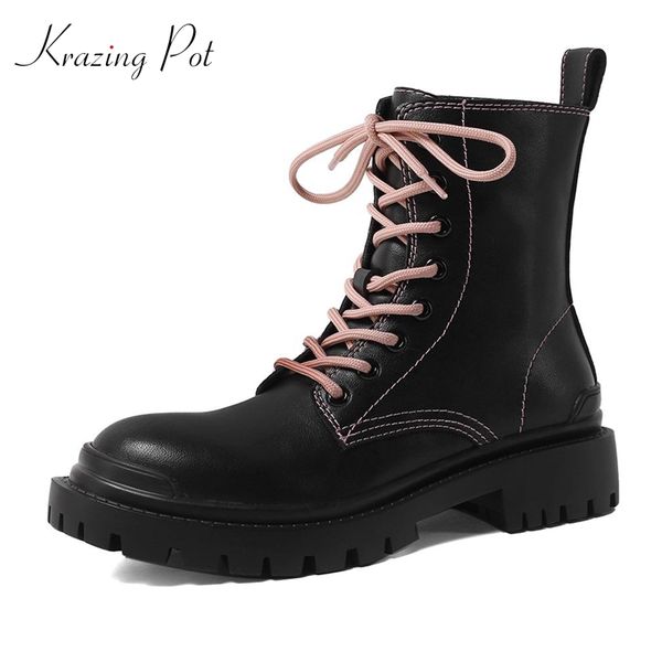 

krazing горшок мотоциклетные сапоги из натуральной кожи смешанных цветов круглый носок толстый мед пятки зашнуровать красивый повседневной н, Black