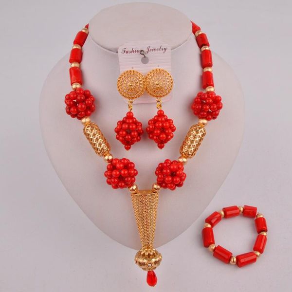 

red costume necklace african set nigerian wedding coral beads jewelry set 20c50, Silver