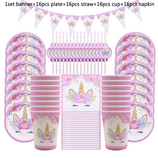 65 / 81Pcs Unicorn Party Supplies placas Decoração de aniversário de criança Disposable Tableware Set Paper Cup Bandeira Chuveiro do bebé Decor