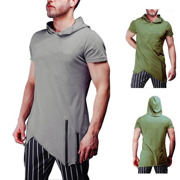 

short sleeve crew neck mens casual slim mens clothing panelled hooded solid color mens tshirts, White;black