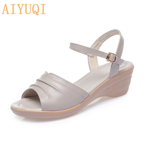 

sandals aiyuqi women wedge 2021 genuine leather summer large size casual middle-aged mother, Black