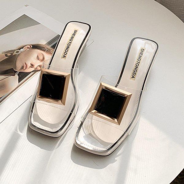 

fashion square buckle high heels new summer shoes woman metal transparent square mid heel mules shoes female open slippers women, Black