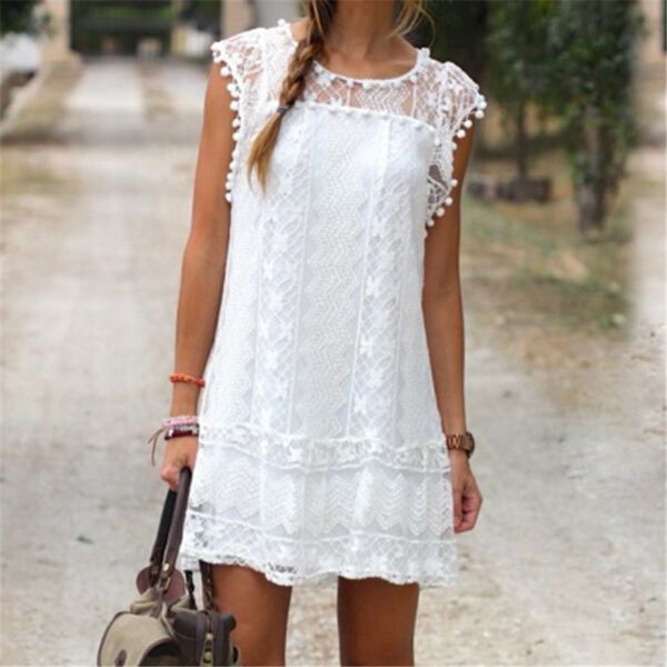 

boho womens lace embroidery dress transparent lace summer loose casual party beach holiday white mini dress short dresses, Black;gray