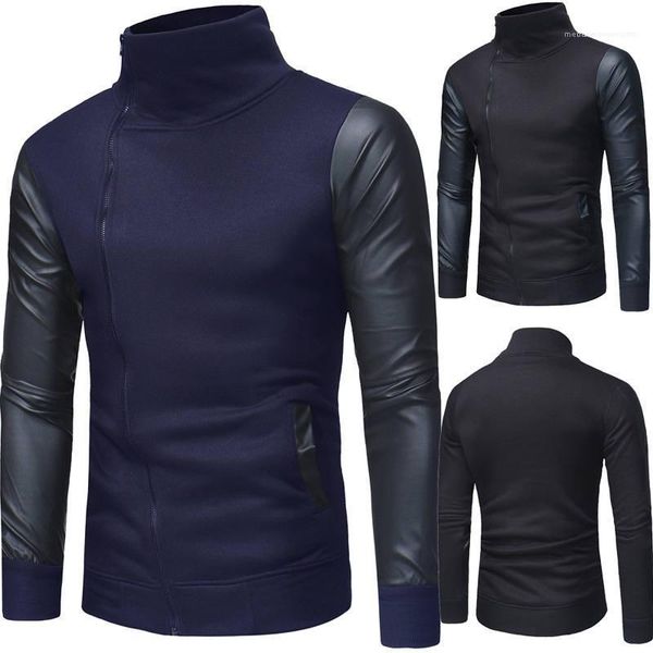 

style casual mens apparel panelled mens designer sweatshirts pu zipper skinny mens hoodies stand collar street, Black