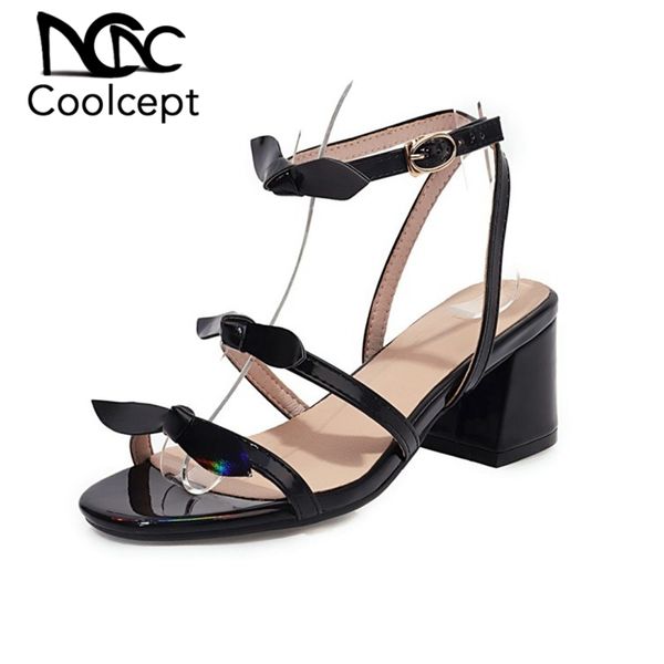 

coolcept plus size 31-48 women sandals shoes fashion bowknot cute solid shoes women stylish metal buckle square heels footwear, Black