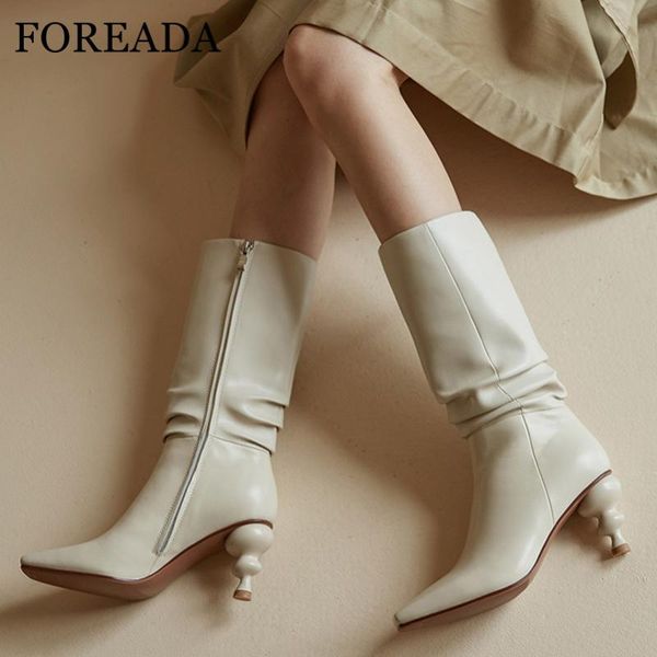 

foreada real leather woman boots high heel mid calf boots zip strange style heel shoes pleated square toe female beige 40, Black