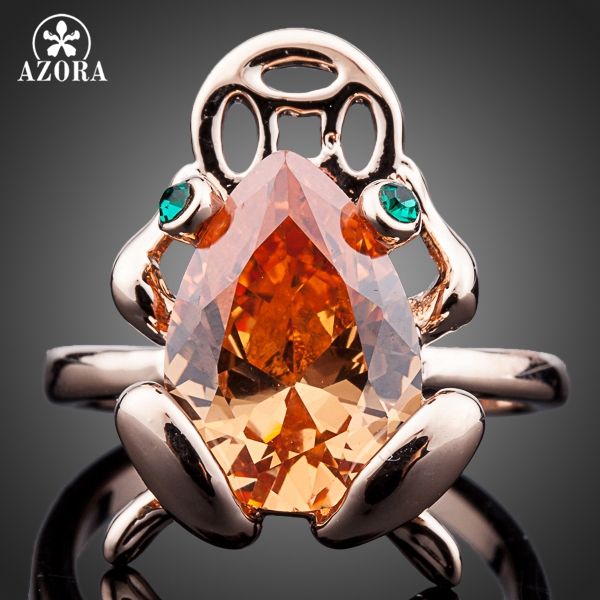 

azora sparkling rose gold color big pear cut cubic zircon fancy frog jewelry ring tr0103, Golden;silver