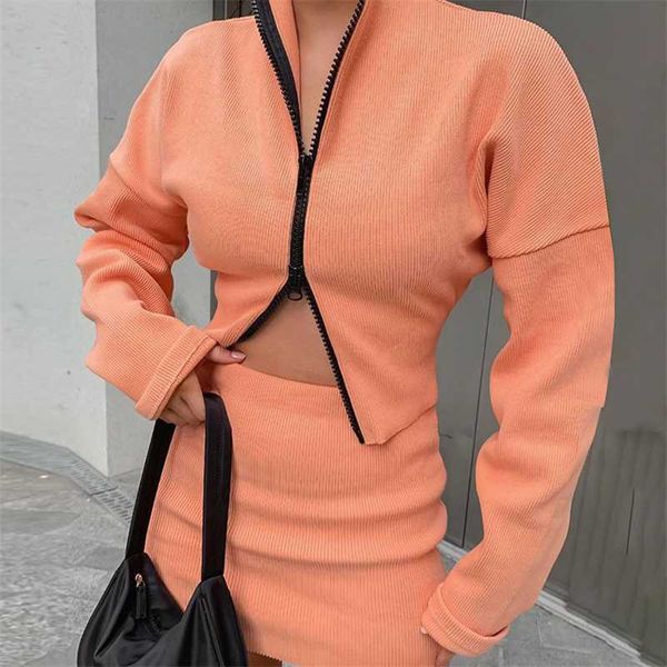 

gym clothing 2021 fashion women atuumn winter 2pcs tracksuits jacket slim skirt double zipper simple solid color stand-up collar outfits, White;black