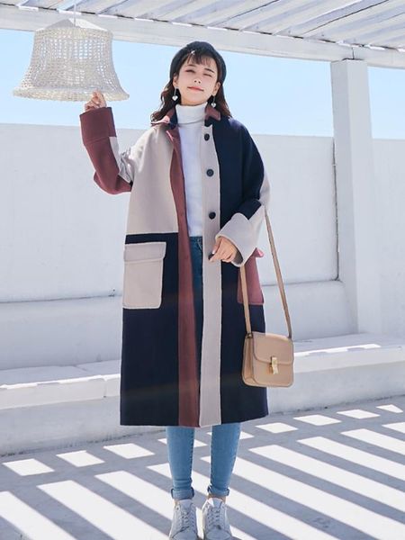 

korean style women fashion hit color patchwork wool coat warm winter long sleeve wool blend streetwear girls overcoat, Black