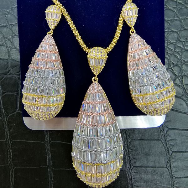 

godki luxury water drop cubic zircon nigerian necklace earring jewelry sets for women wedding indian dubai bridal jewelry sets, Golden