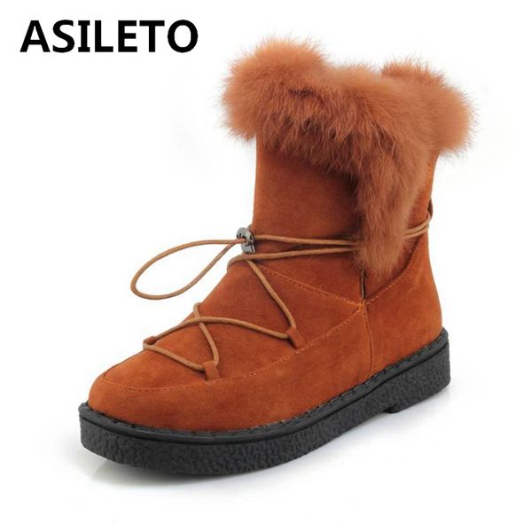 

asileto women snow boots winter real fur boots platform ankle round toe pull on warm plush flat shoes female, Black