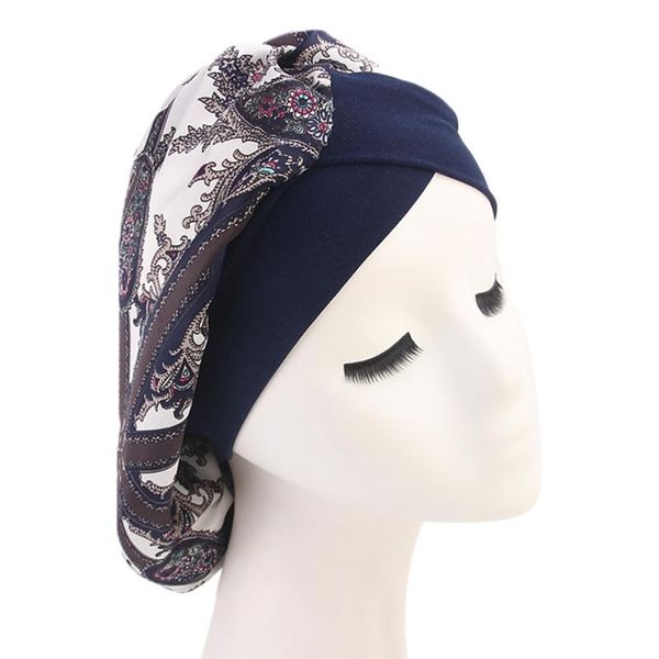 

women turban hat fashion sleeping bonnet wide band floral printed travel imitated silk fabric head wrap forehead crossed salon, Blue;gray