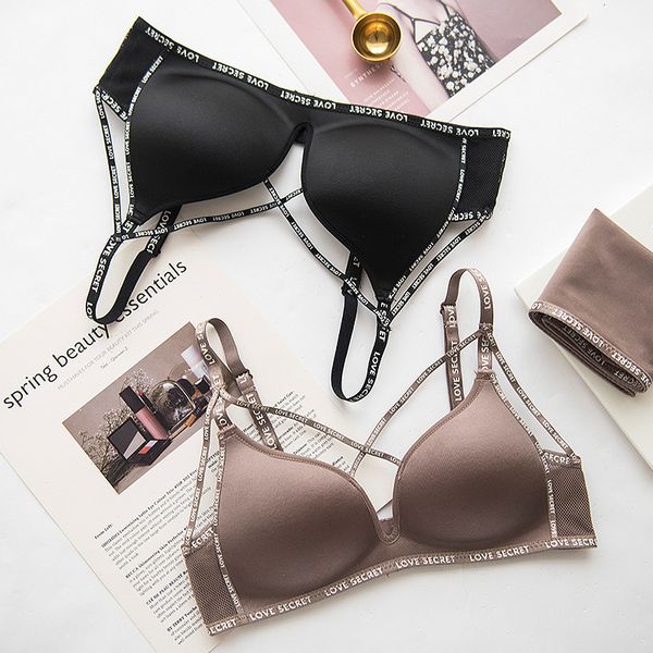 

roseheart women fashion lingerie letter printed bralette cotton panties cross straps wireless bra sets underwear cup a b, Red;black