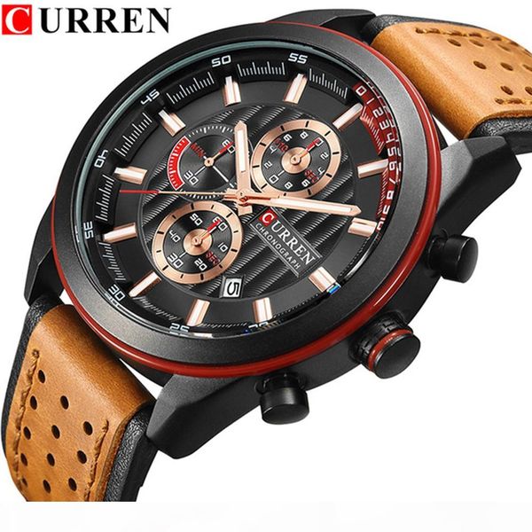 

curren watches brand man watch leather chronograph waterproof male clock quartz man watches water resistant watch men 8292, Slivery;brown