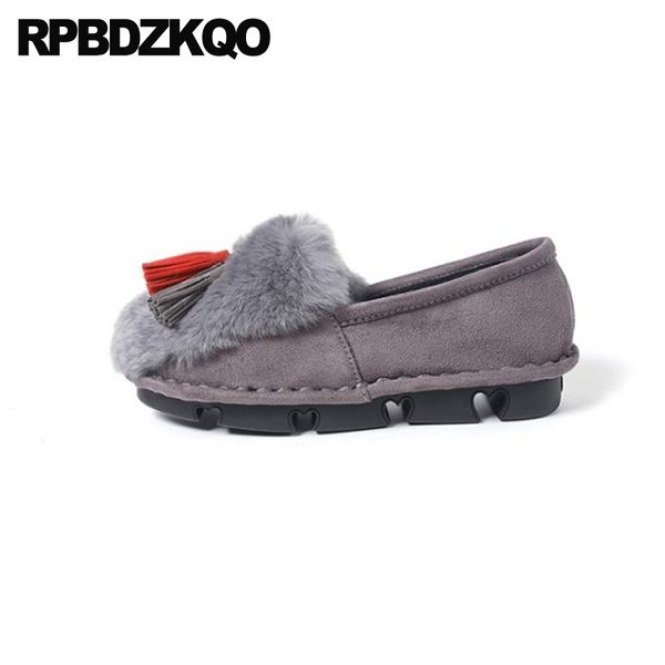

suede winter designer shoes china fur tassel flats slip on shallow large size fringe leopard print 2020 women grey round toe, Black