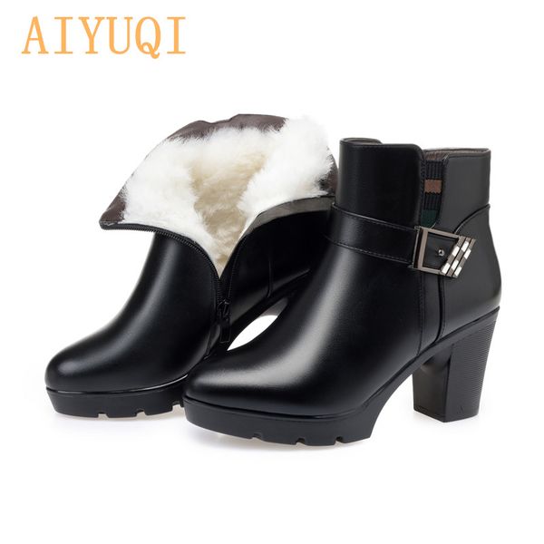 

aiyuqi ankle boots genuine leather women 2020 new high heel shoes boots shoes women wool winter warm trend snow lady, Black