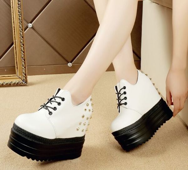 

new super high heel black and white rivet wedge heel female sport casual shoes with lacing and thick sole