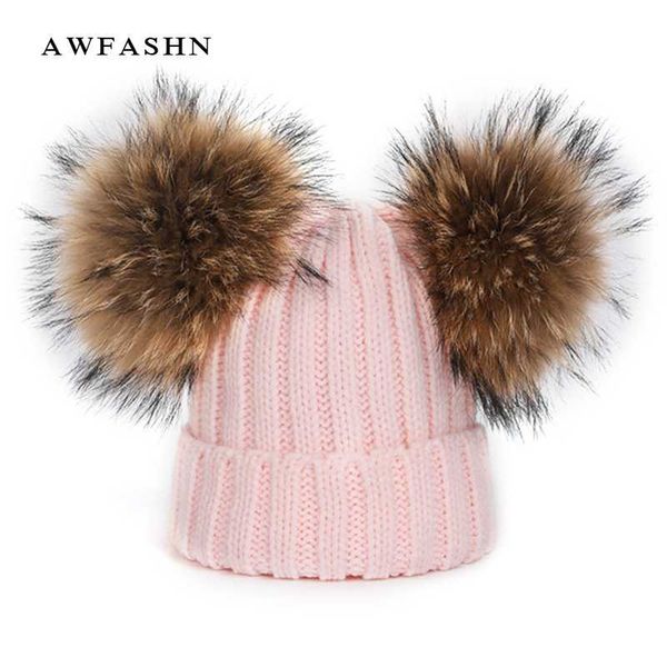 

beanie/skull caps fashion raccoon fur pompom knit hat winter ladies innocent bonnet warm skullies casual soft ha, Blue;gray