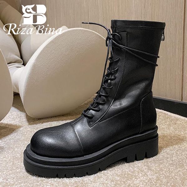 

rizabina size 34-43 women half short boots fashion winter shoes women zipper warm boots casual flat heel footwear, Black