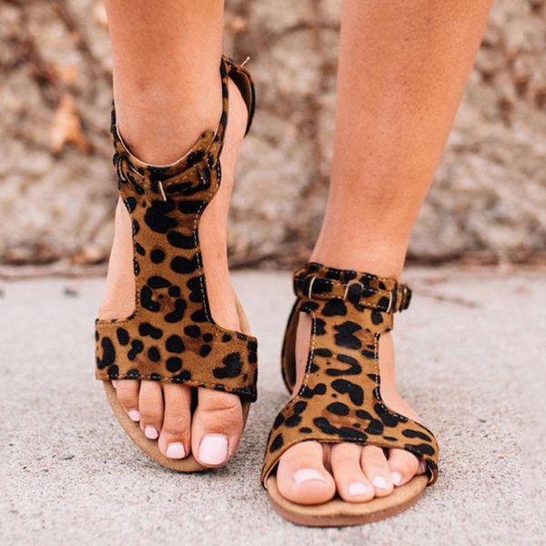 

summer sandals 2020 women summer casual flat open toe breathable rome anti-slip sandals buckle strap leopard print femaleshoes #, Black