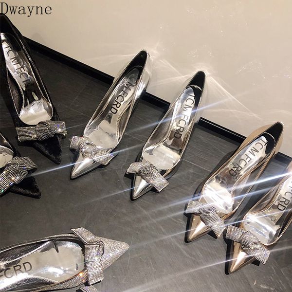 

silver wedding shoes female 2020 spring new rhinestone pointed high heels stiletto shallow bow fashion women's shoes, Black