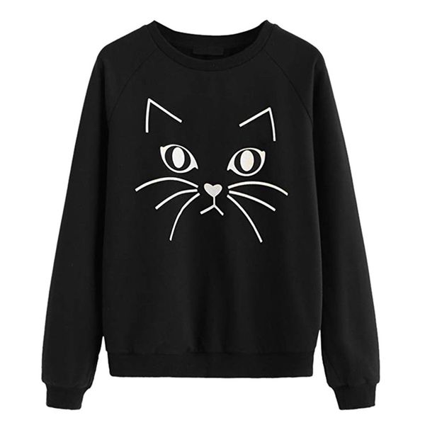 

womens fashion sweatshirts casual cat printed pullovers for girl 2020 autumn new hoodies pattern jumpers asian size s-xl 4 styles wholesale, Black