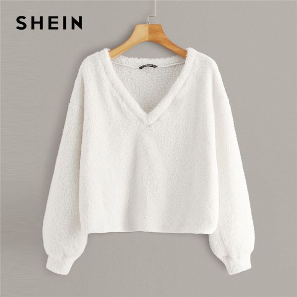 

shein solid v neck drop shoulder fuzzy winter pullover women autumn fashion long sleeve basic ladies casual sweatshirts, Black