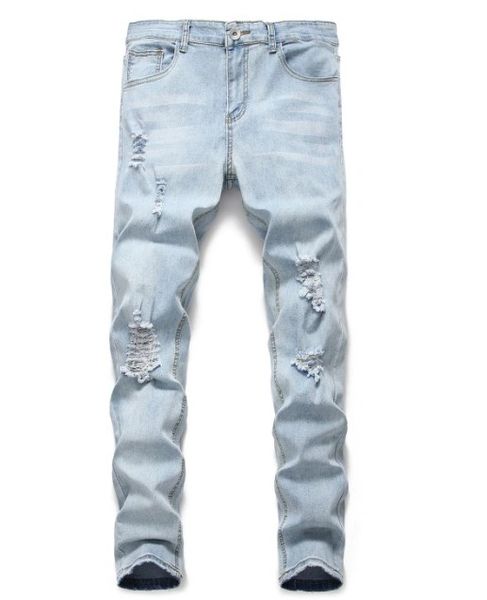

мужская мода джинсы light wash проблемные украшения casual джинсы мужские slim fit feet scratched denim брюки молодежи рваные мужские джинсы, Blue