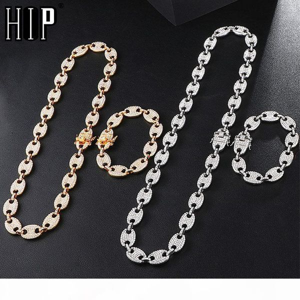 

hip hop 1kit bling multicolor coffee bean iced out cz pig nose rhinestone charm link chain necklaces & bracelet for men jewelry, Silver
