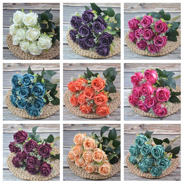 

decorative flowers & wreaths 7pcs fake oil painting rose (9 heads/bunch) 17.72" length simulation roses plastic fruit for wedding home