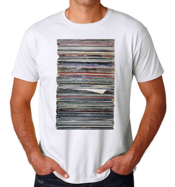 

stack of vinyl records electronic music techno house music white t-shirt cotton for men design harajuku funny tee shirts