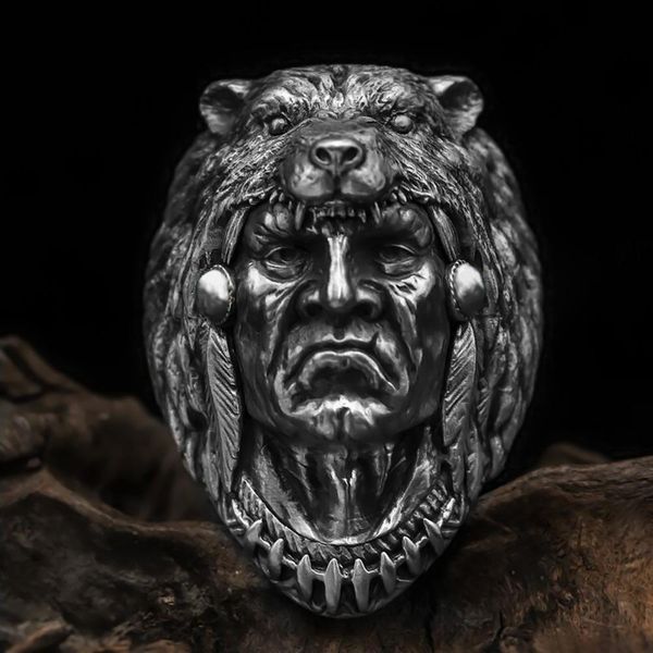 

fashion cool men 316l stainless steel wolf head rings vintage indian warrior biker ring punk jewelry unique gift, Silver