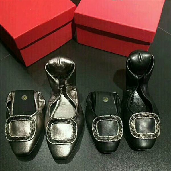 

metal buckle decor multi color genuine leather flat women shoes shallow pointed toe super soft comfortable, Black