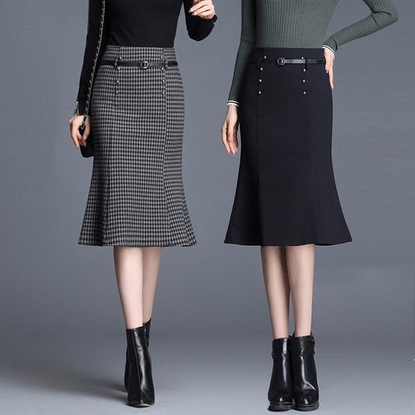 

skirts women 2021 autumn winter high waist trumpet female plaid knee-length office ladies with sashes c78, Black